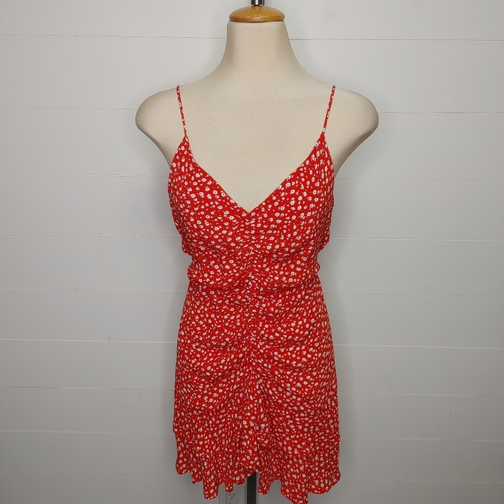 Zara Red Floral Ruched Ruffle Mini Dress Size S - Picture 2 of 12